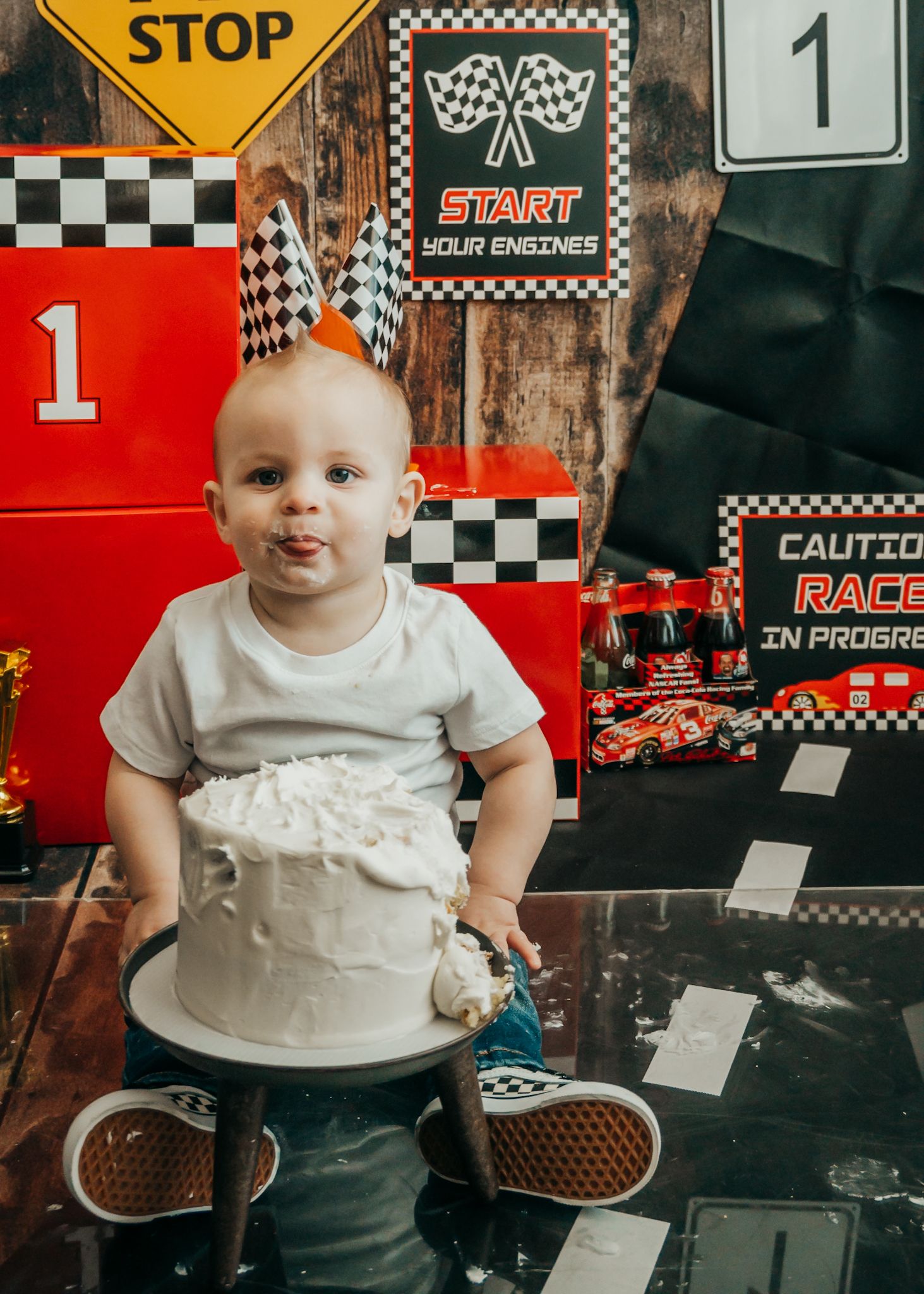 Racing themed first birthday cake smash photoshoot with Cheyenne Michelle Photography.