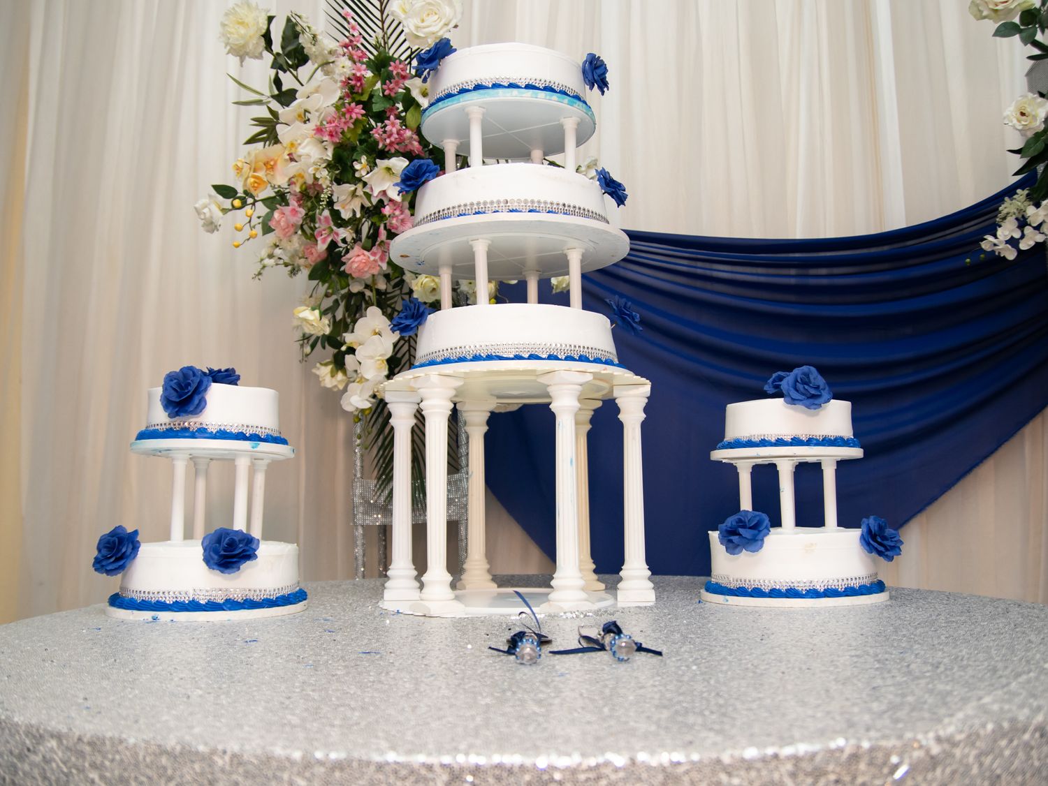 3 blue Quinceanera cakes