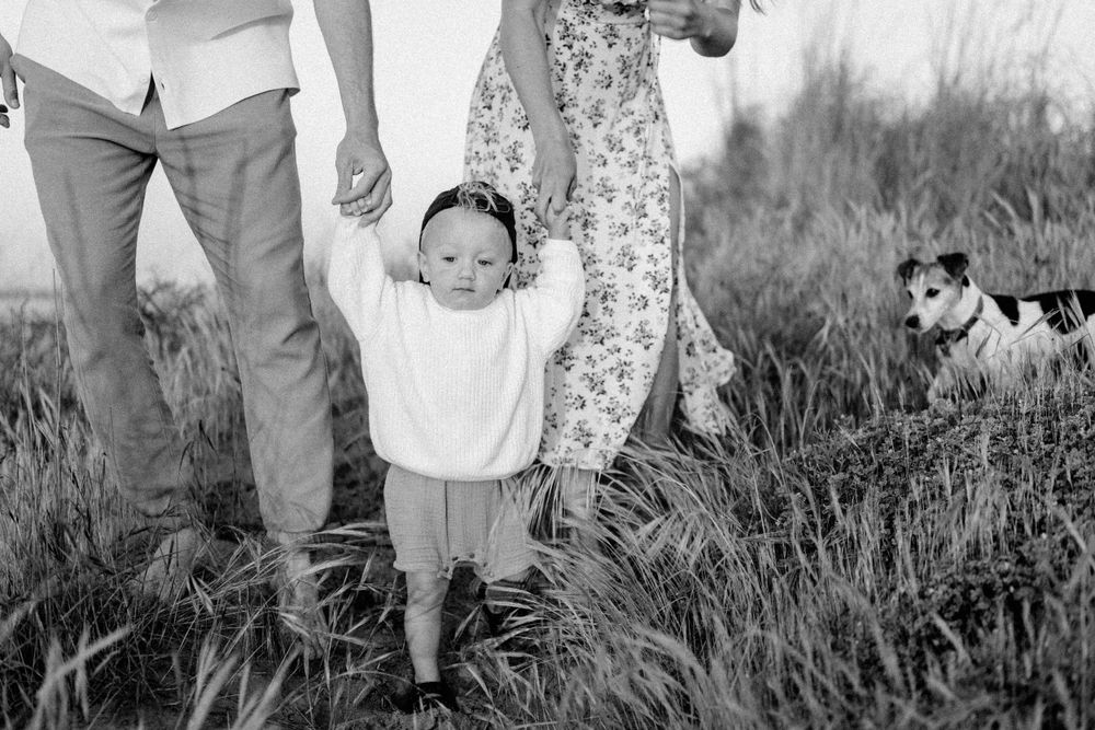 A candid black and white photo of a toddler standing supported in tall grass.