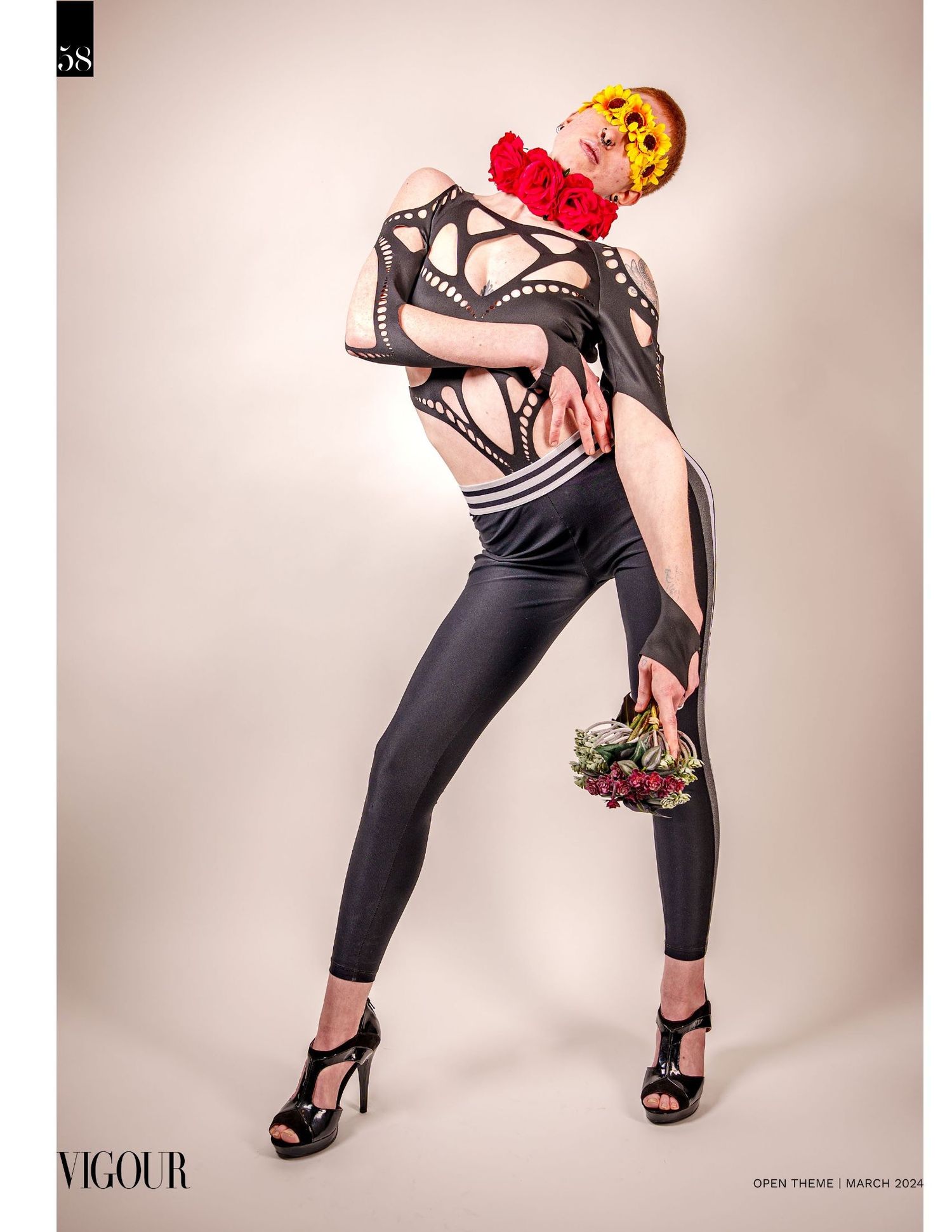 Fashion editorial series featuring black clothing and sunflower accessories against beige backdrop.