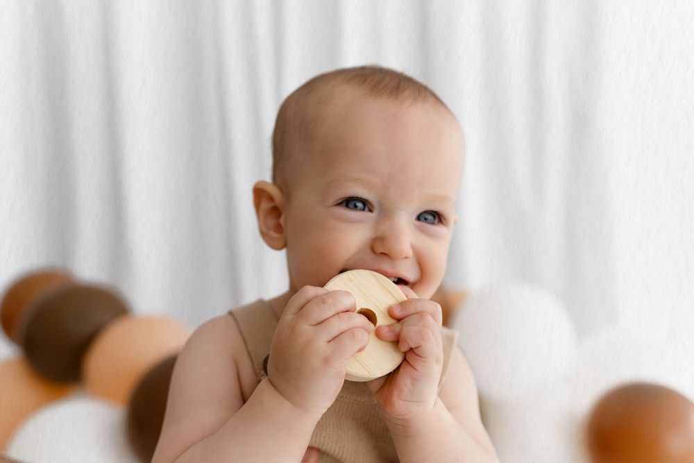 Baby in natural light chewing on a toy against white curtain backdrop.