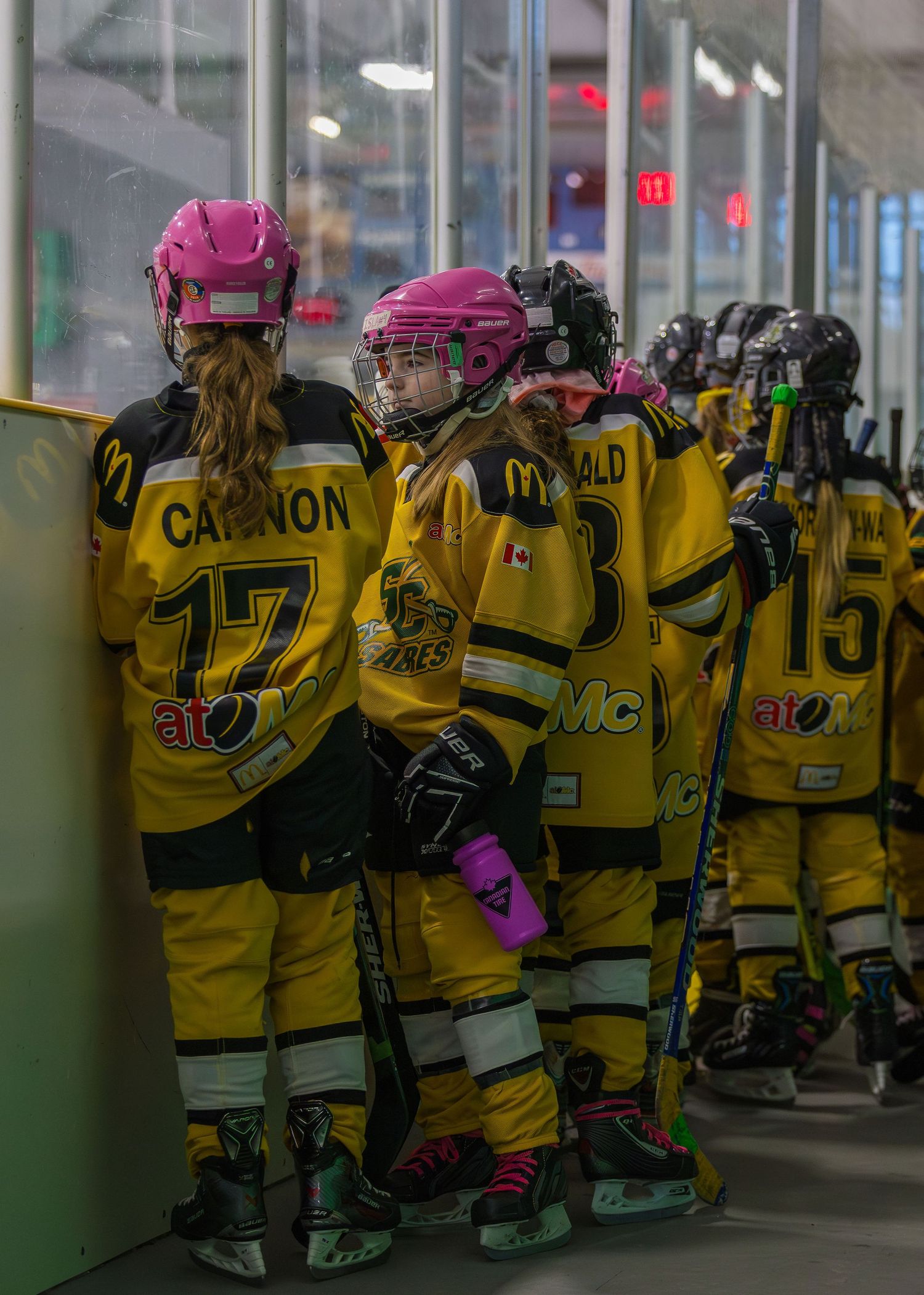 Stoney Creek Sabres Girls hockey players during game