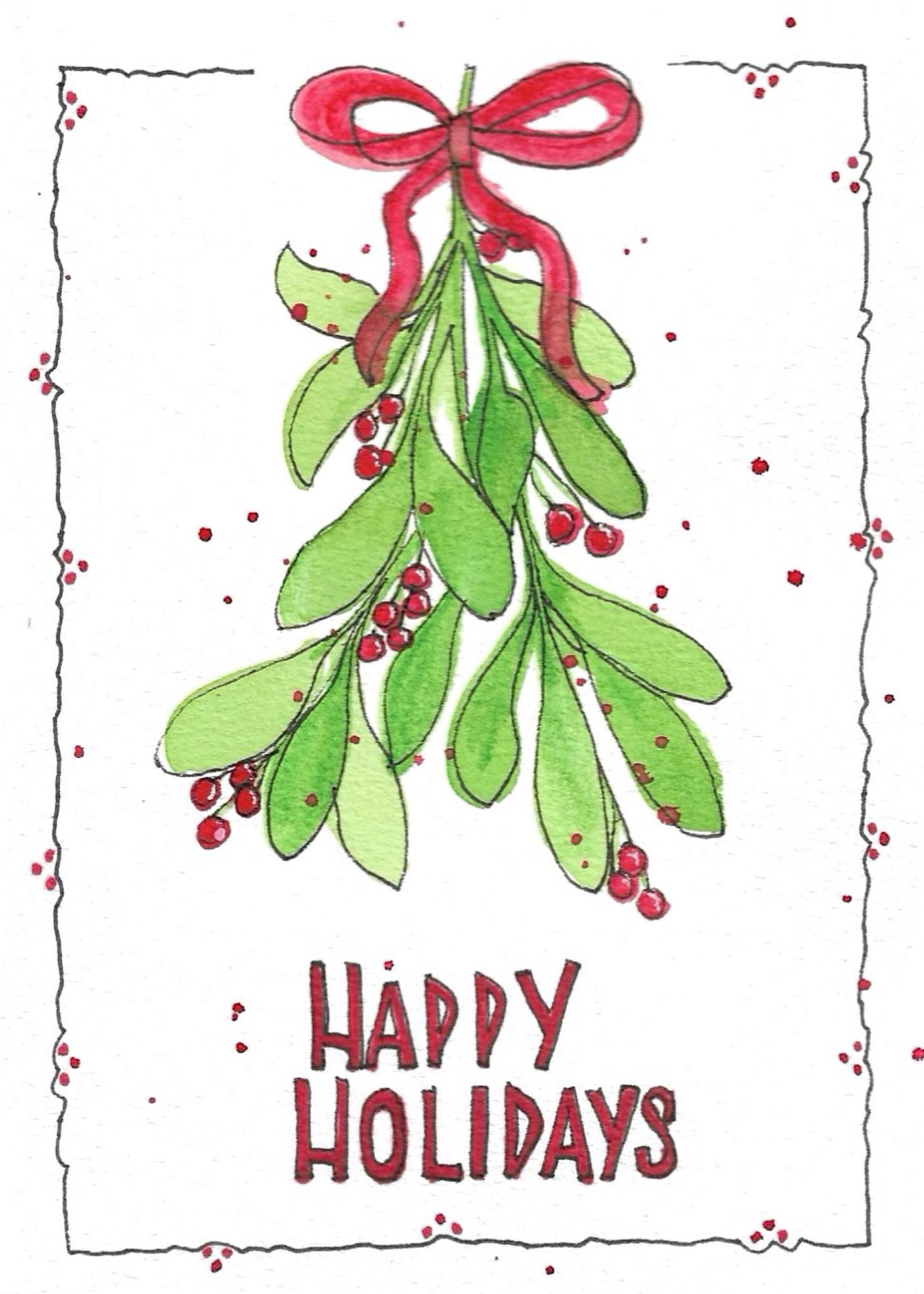 Watercolor mistletoe branch with red berries and bow, featuring Happy Holidays text.