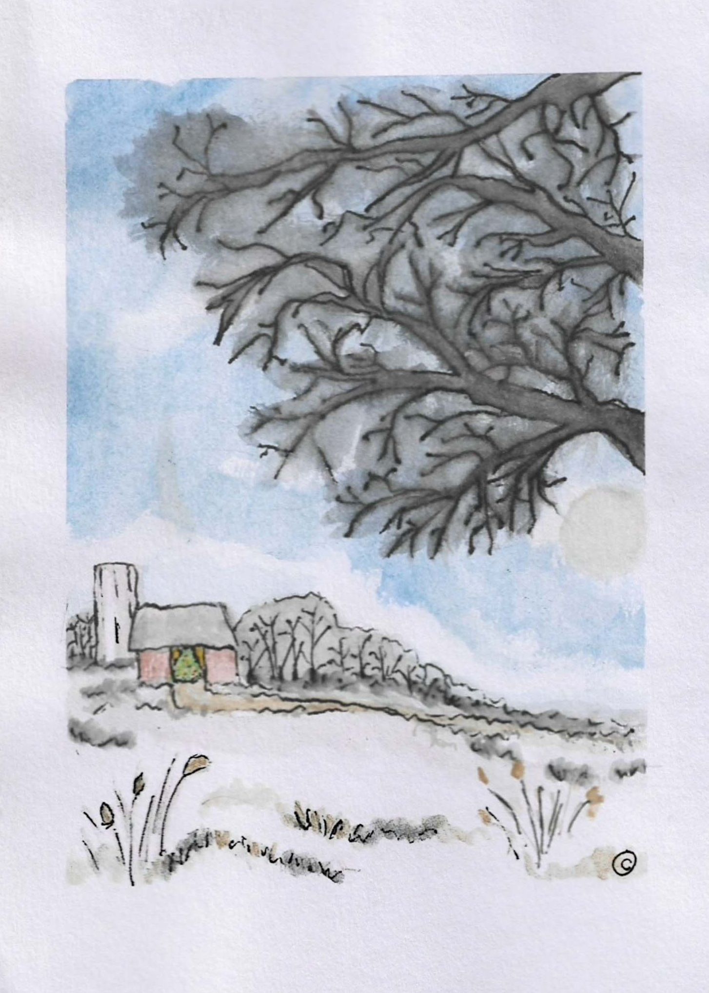 Winter landscape watercolor series showing snow-covered scenes with houses and bare tree branches.