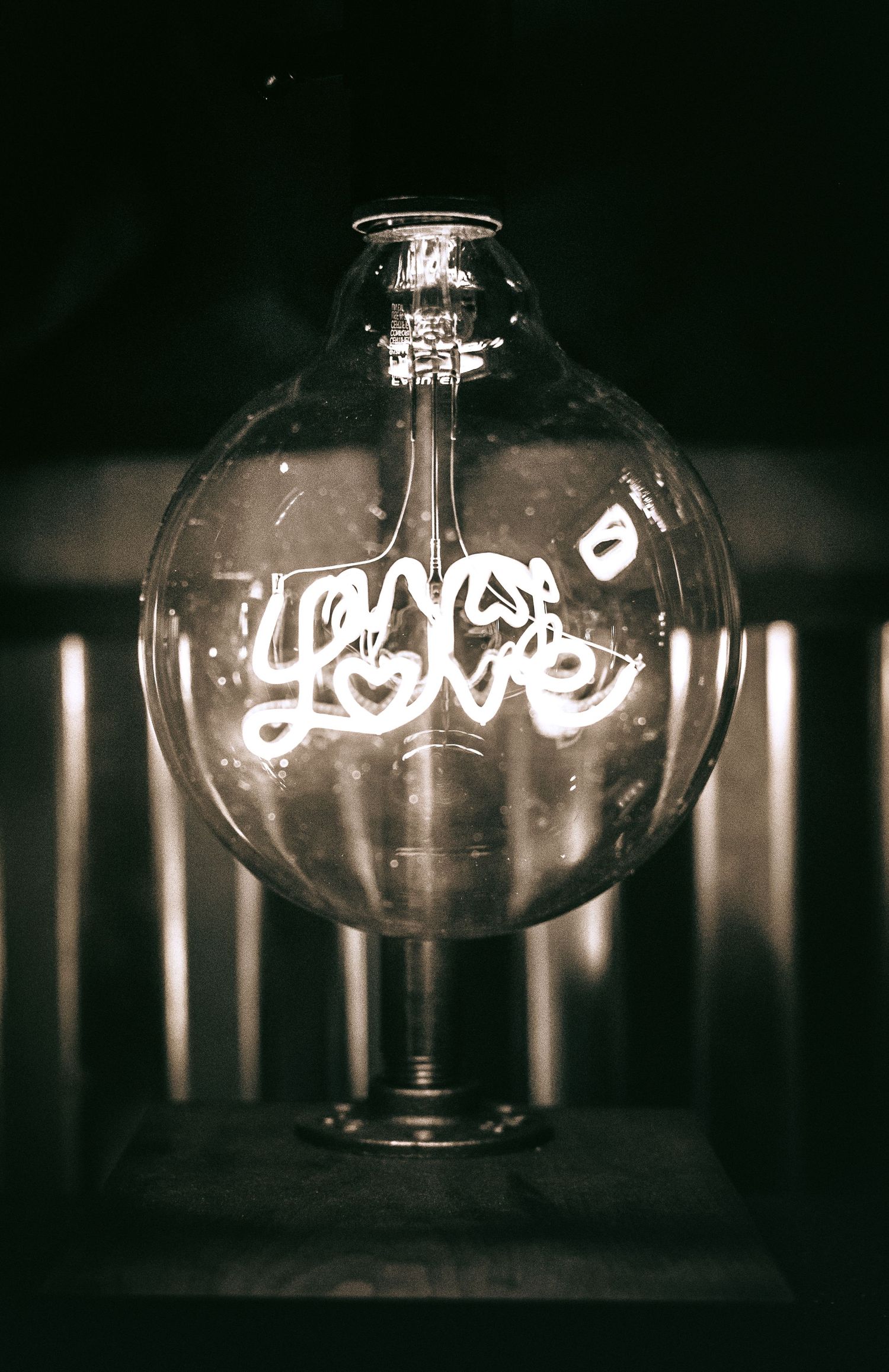 a black an white photo of a light bulb that says "love" inside