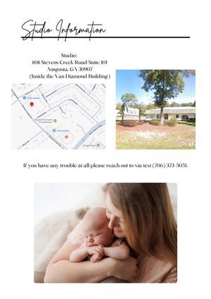 Studio information flyer for a photography studio located at 808 Stevens Creek Road Suite 101, Augusta, GA 30907.