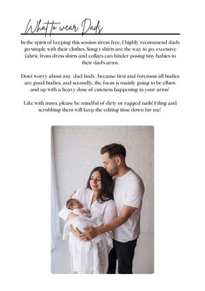 A couple in neutral tones gently holds their newborn baby during a serene studio photography session.