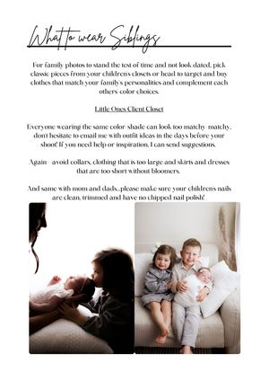 Family photo styling guide showing siblings posing together on a white couch for a professional portrait session.
