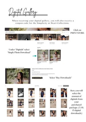 Digital gallery guide showing how to download photos from print store with step-by-step instructions for selecting digital downloads.
