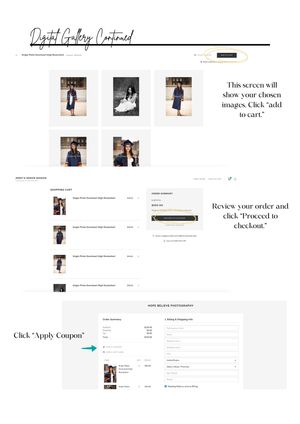Step-by-step digital gallery checkout guide showing how to add photos to cart and apply coupon codes.