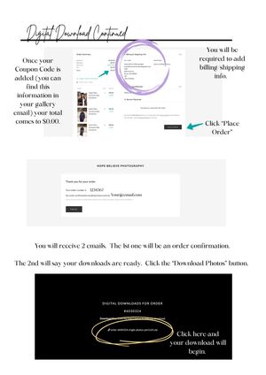 Step-by-step guide showing how to redeem a digital download coupon code and place an order in an online photography gallery.