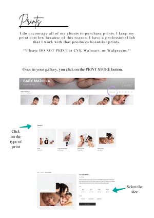 A photography print ordering guide showing a baby gallery website with instructions on how to select and purchase professional prints.