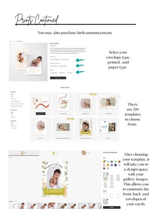 Guide showing birth announcement card templates with envelope and paper type selection options for customizable photo cards.