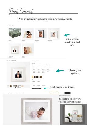 Step-by-step guide showing how to select and customize wall art prints with framing options and preview sizing.