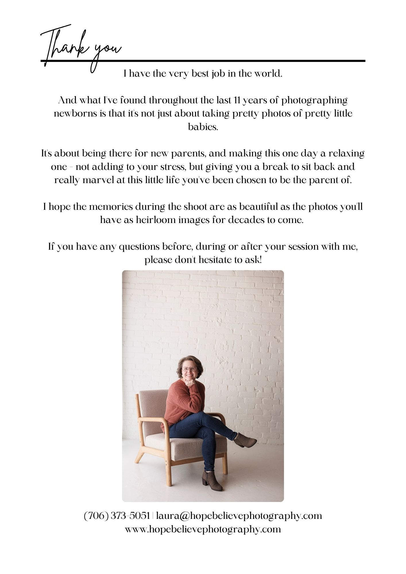 Newborn photographer thank-you card with a woman sitting in a chair, featuring contact details for Hope Believe Photography.