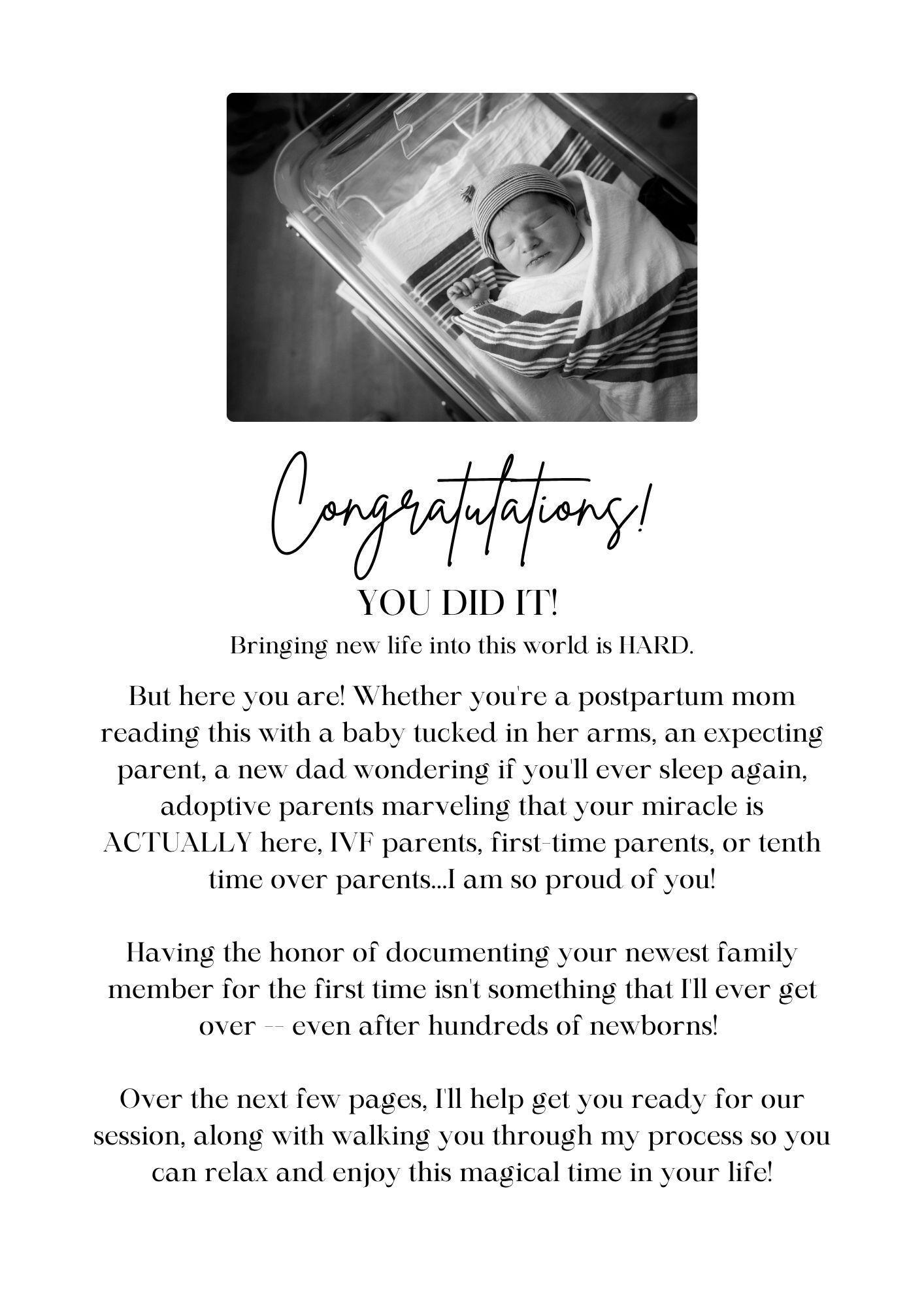 Black and white newborn photography congratulations guide page with baby in hospital bassinet image at top.