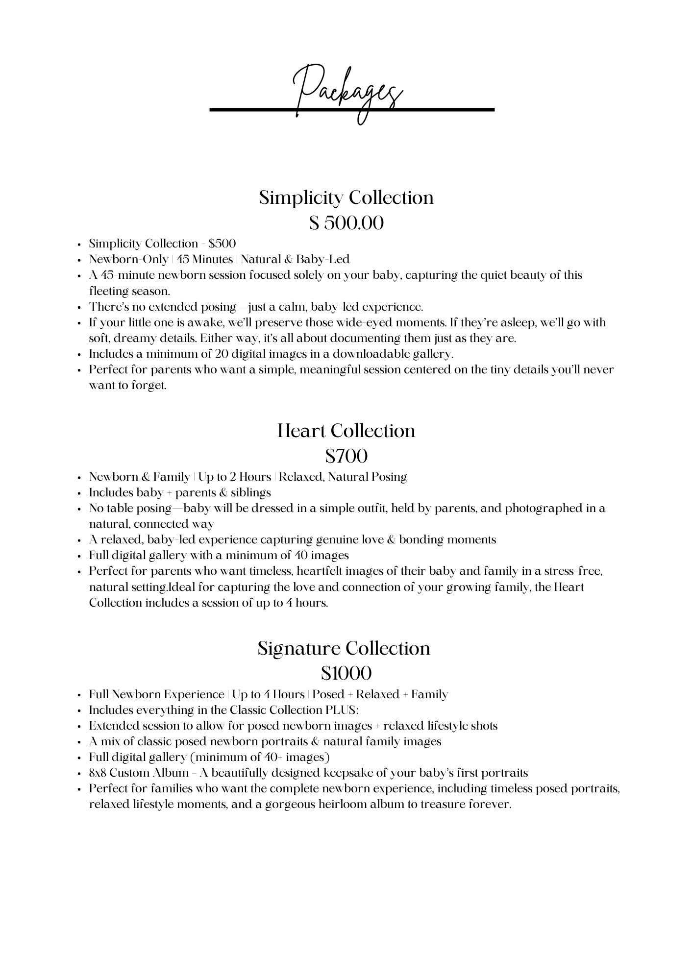 Photography packages list showing Simplicity, Heart, and Signature Collections ranging from $300 to $1000 for newborn sessions.