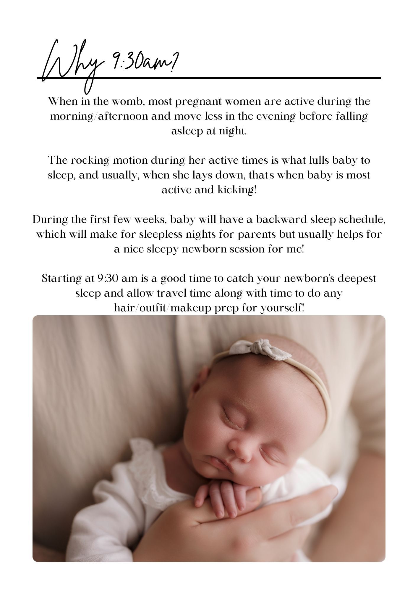 Peaceful sleeping newborn baby in white outfit, guide explaining why 9:30am is ideal for newborn photography sessions.