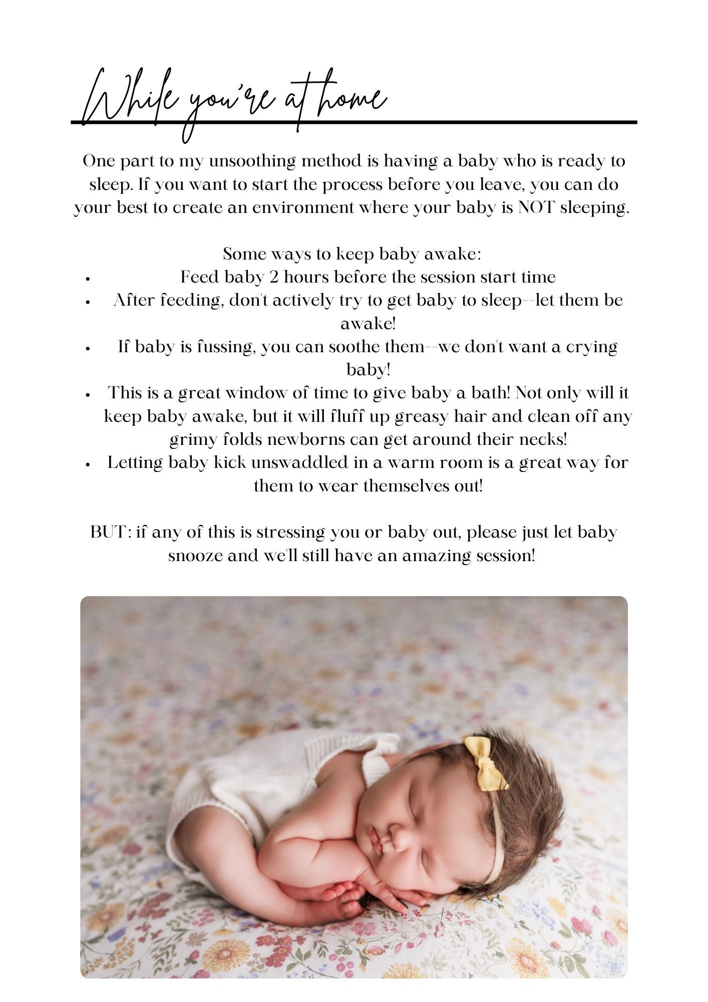 Adorable sleeping newborn baby with yellow bow headband on a colorful floral blanket during a photo session.