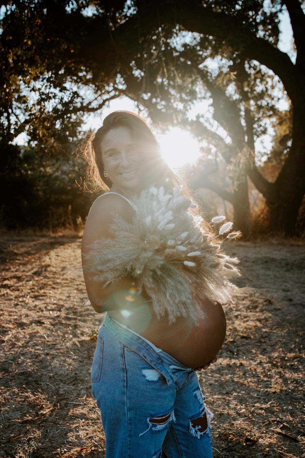 A maternity photo with sunlight and pampas grass creating a dreamy backlit effect.