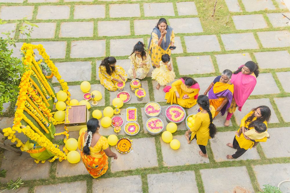 Birds-eye view of traditional Indian ceremony with yellow decorations and gathered participants.