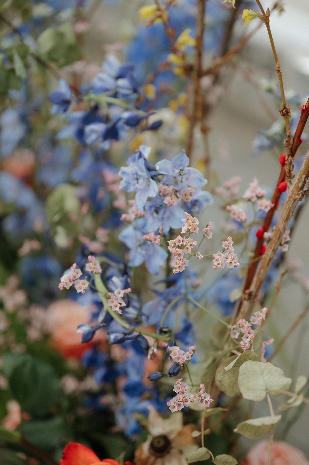 Delicate blue delphiniums and small white flowers create a dreamy spring floral arrangement with soft bokeh effect.