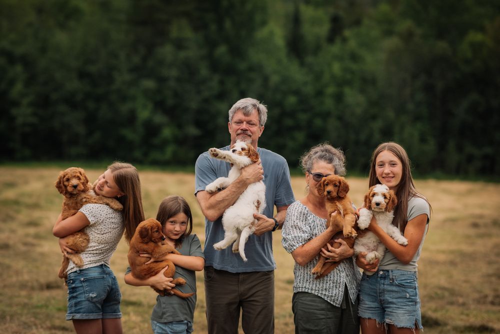 Family of six joyfully poses in a field holding adorable puppies with a lush green forest backdrop.