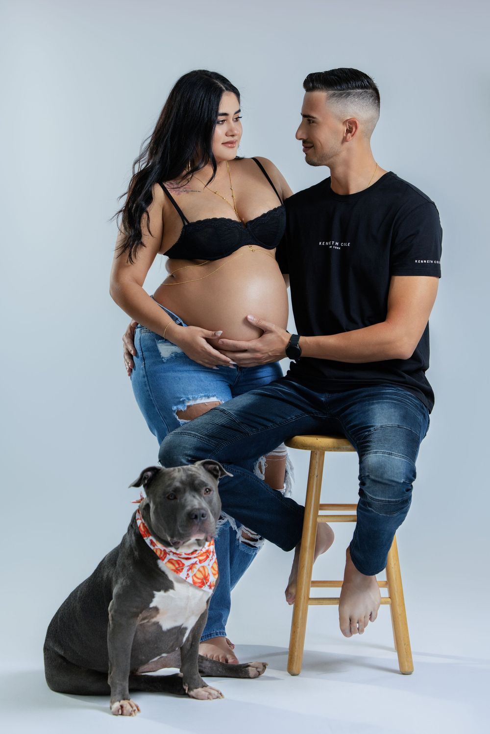 Expecting couple sitting on a stool with their gray pit bull, man tenderly holding pregnant womans belly in studio.