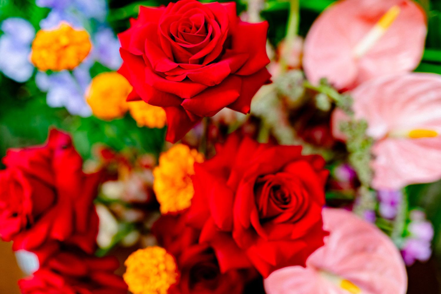 Vibrant red roses and marigolds mixed with soft pink flowers in a colorful floral arrangement.