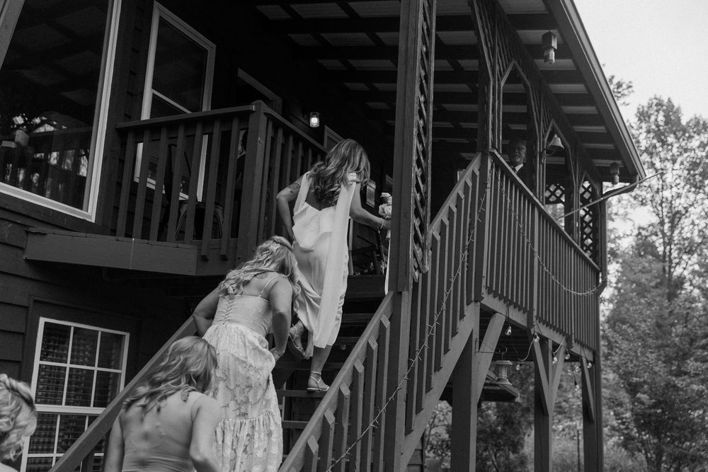 Three dogs excitedly climb up outdoor wooden stairs to a deck on a rustic house in black and white.