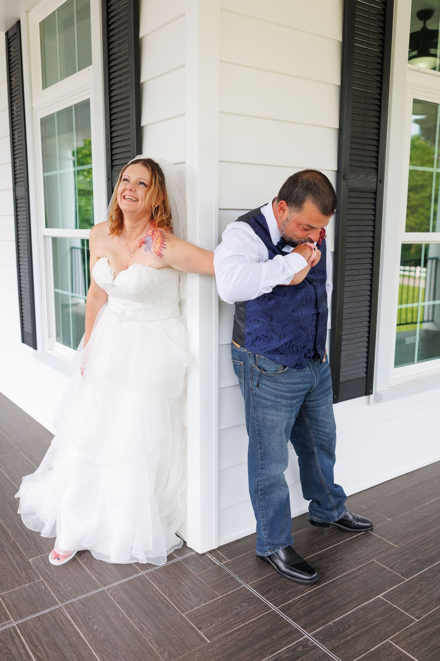 Bride and groom first look at Liberty Plantation wedding in cape fair Missouri.