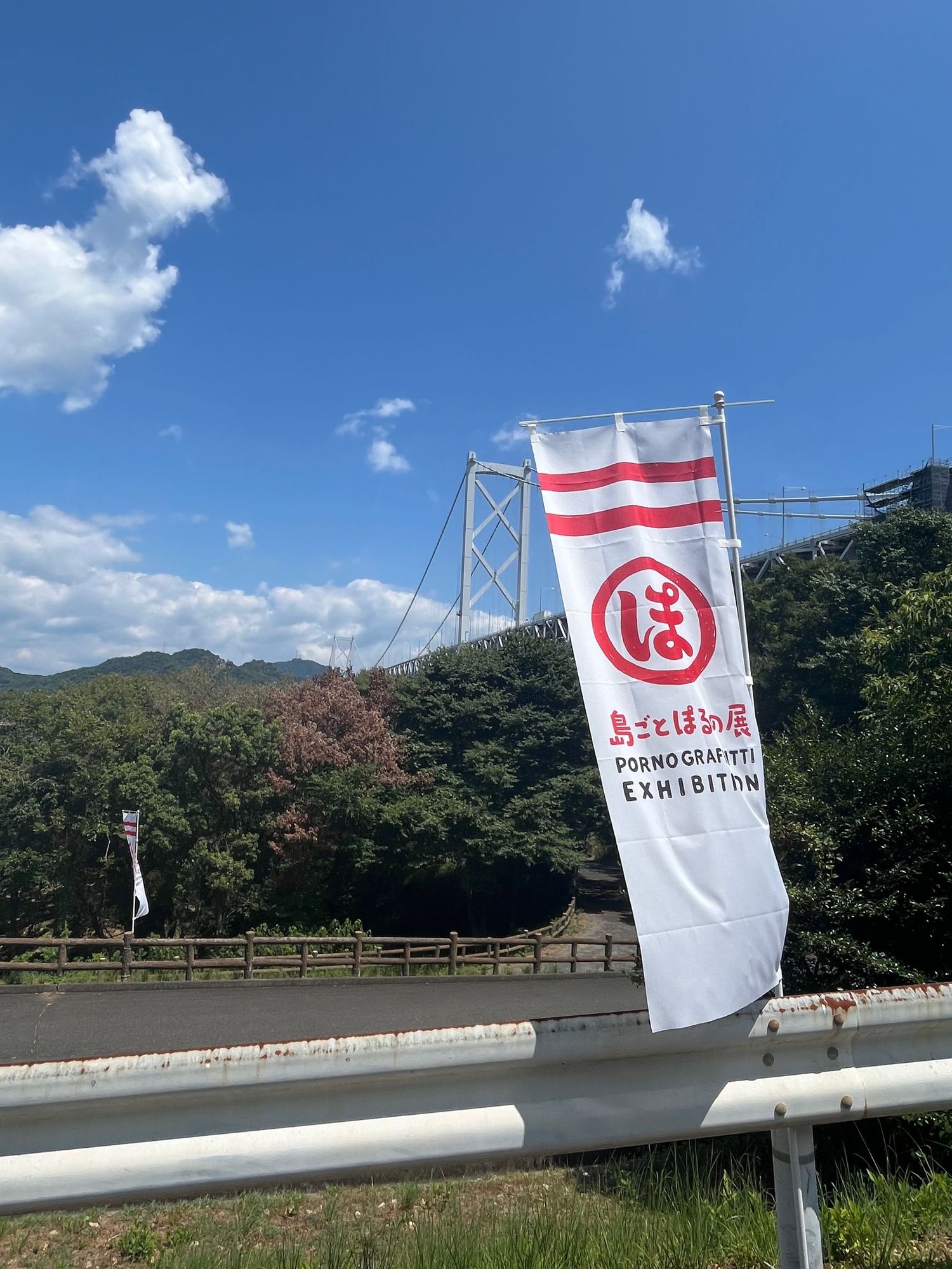Japanese flags and banners displayed along a roadside with mountains in the background.
