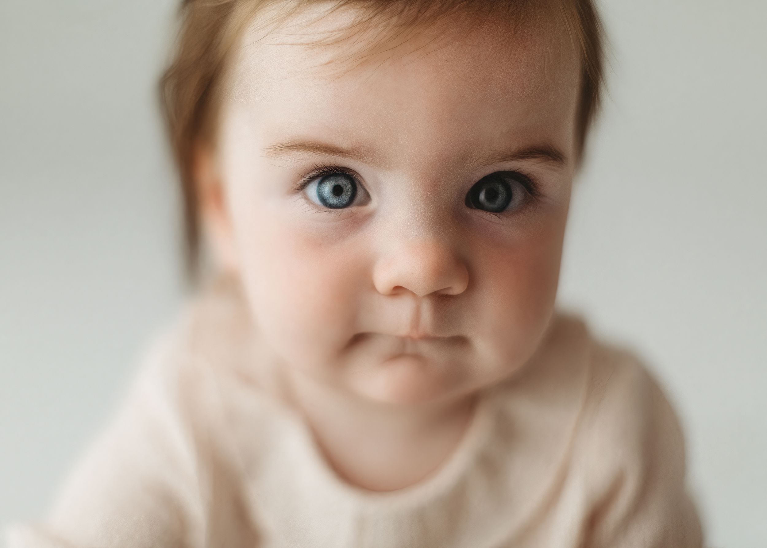 Close-up portraits of infant with bright blue eyes and peaceful expression looking at camera in soft light.