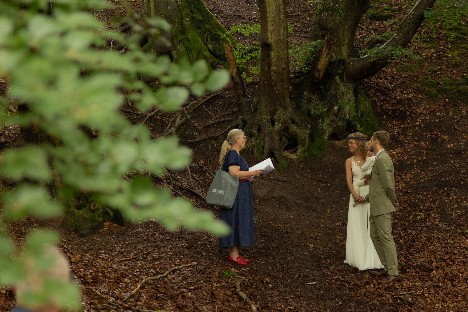 Wedding photos being taken in a magical forest setting with natural greenery.