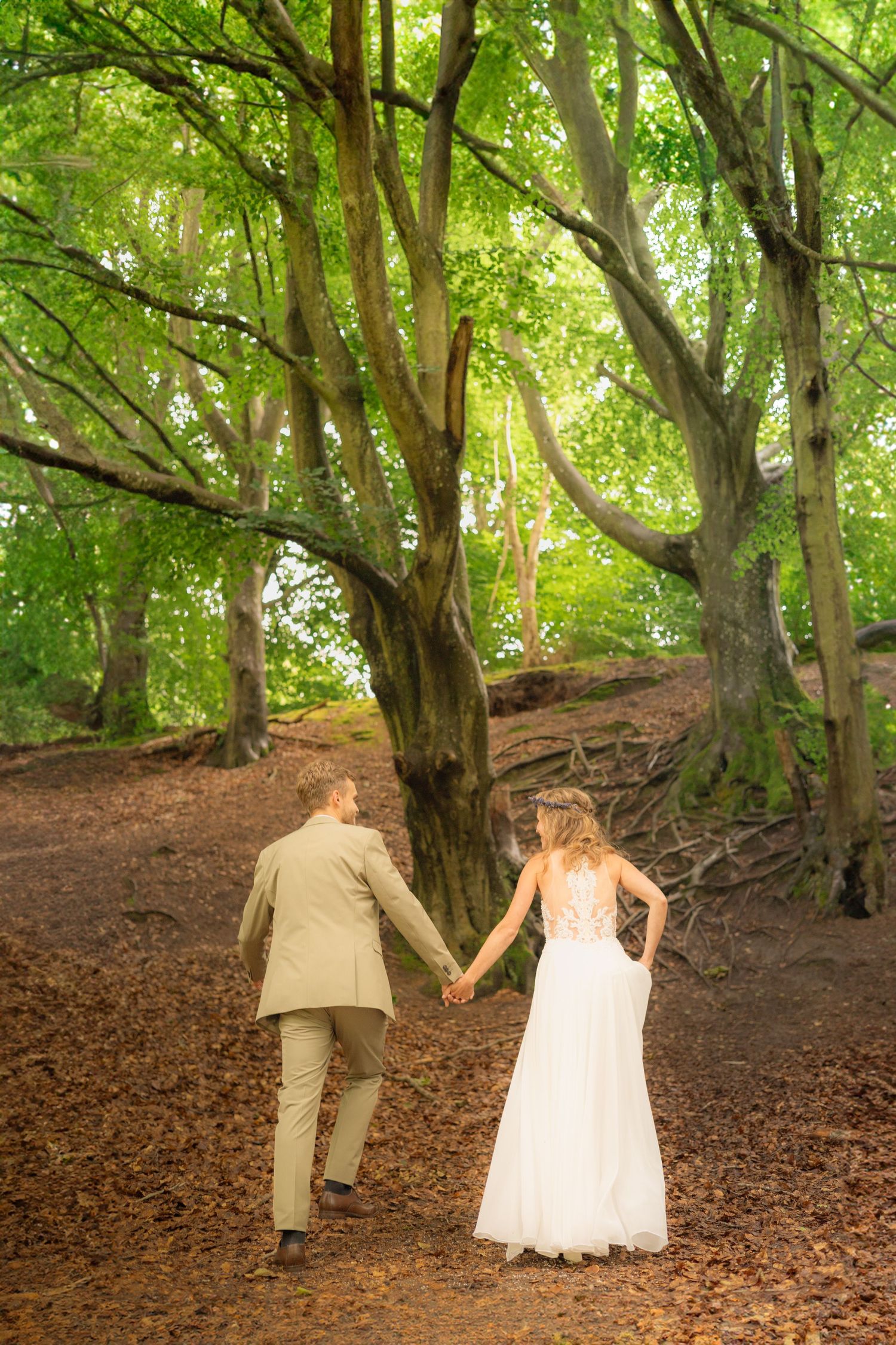 Couple holding hands while walking up a wooded hill covered in fallen leaves.