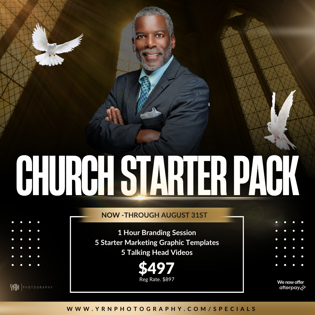 Church photography package advertisement with dove graphics and pricing information.
