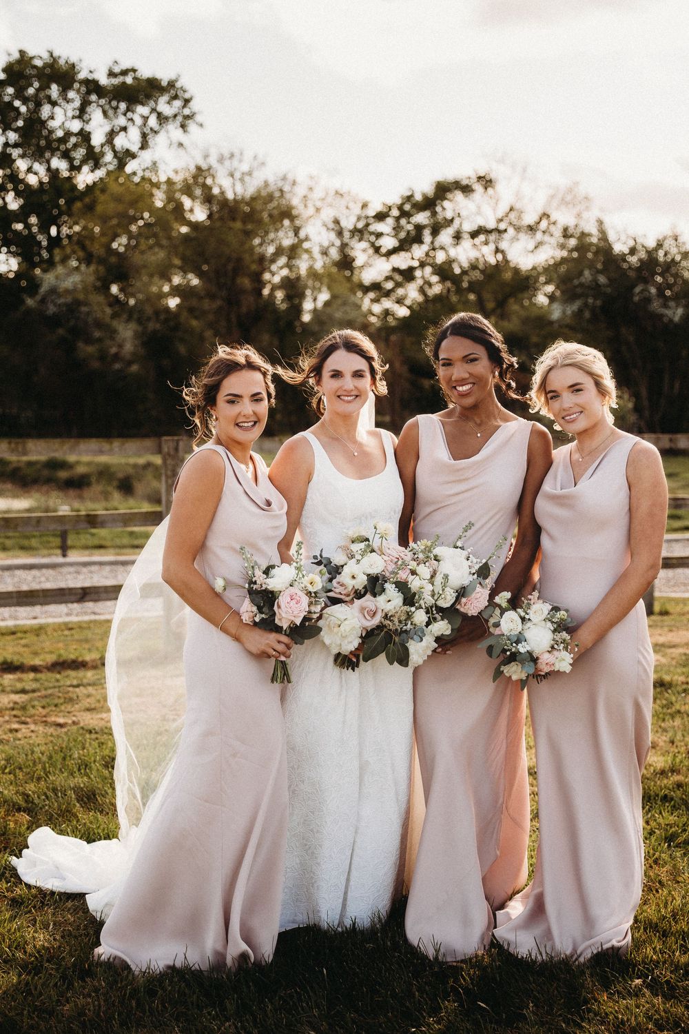 Golden hour group shot of Bridesmaids
