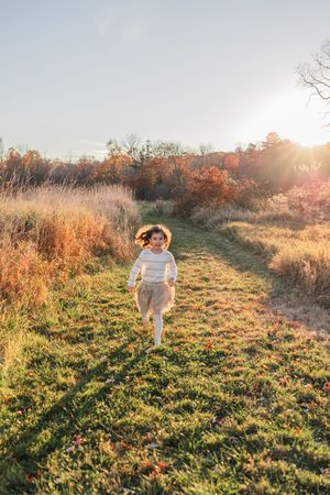 Sunlit pathway through autumn meadow with tall golden grasses and colorful fall foliage in background.