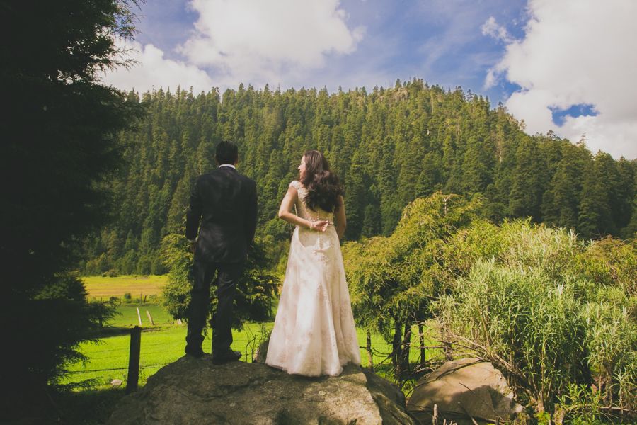 Bride and groom stand on rocks gazing at stunning forest mountain landscape on their wedding day.