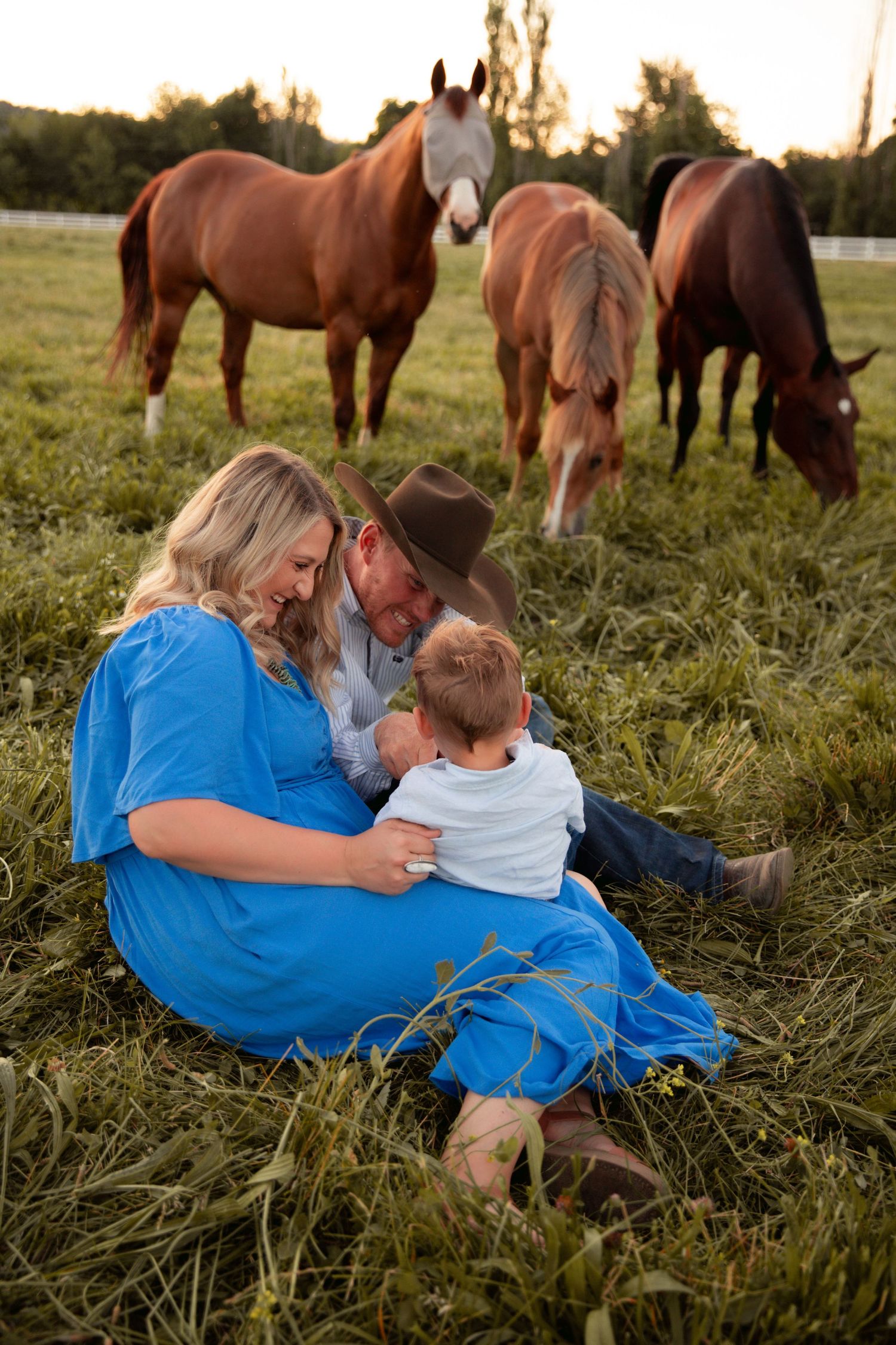Family relaxing in a grassy field with three horses grazing in the background at sunset.