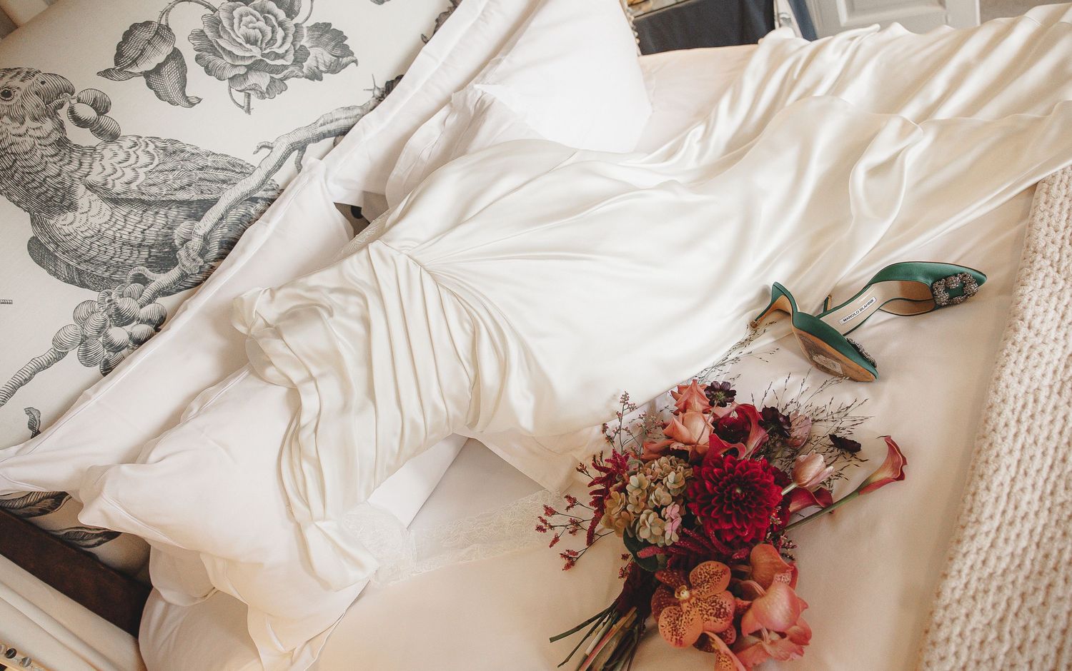 A collection of white bedding and floral arrangements displayed in a horizontal collage format.