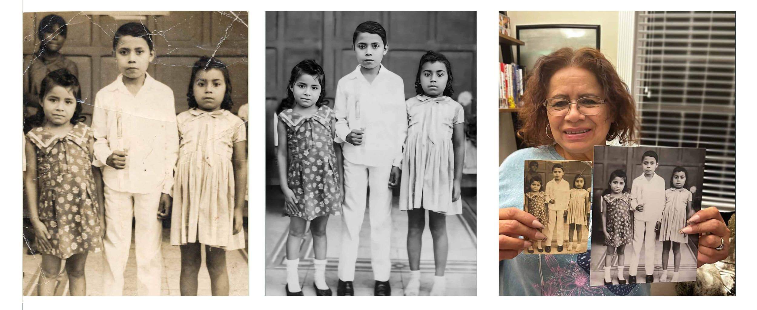 Client holding restored family heirloom photo after professional restoration in Coral Gables