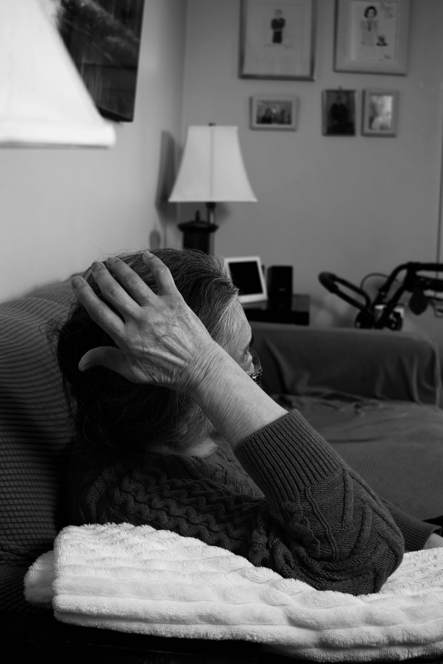 Woman in black and white thinking
