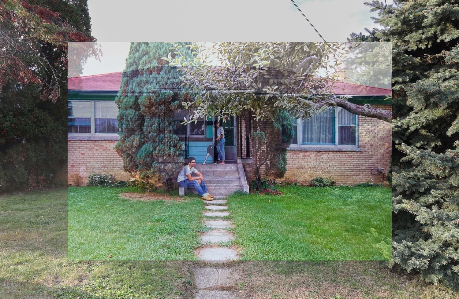 Archival photograph layered on top of a new one.  Old house in front of new house