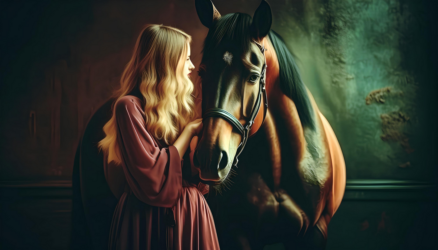Ethereal scene of woman in burgundy dress bonding with majestic horse against green wall.
