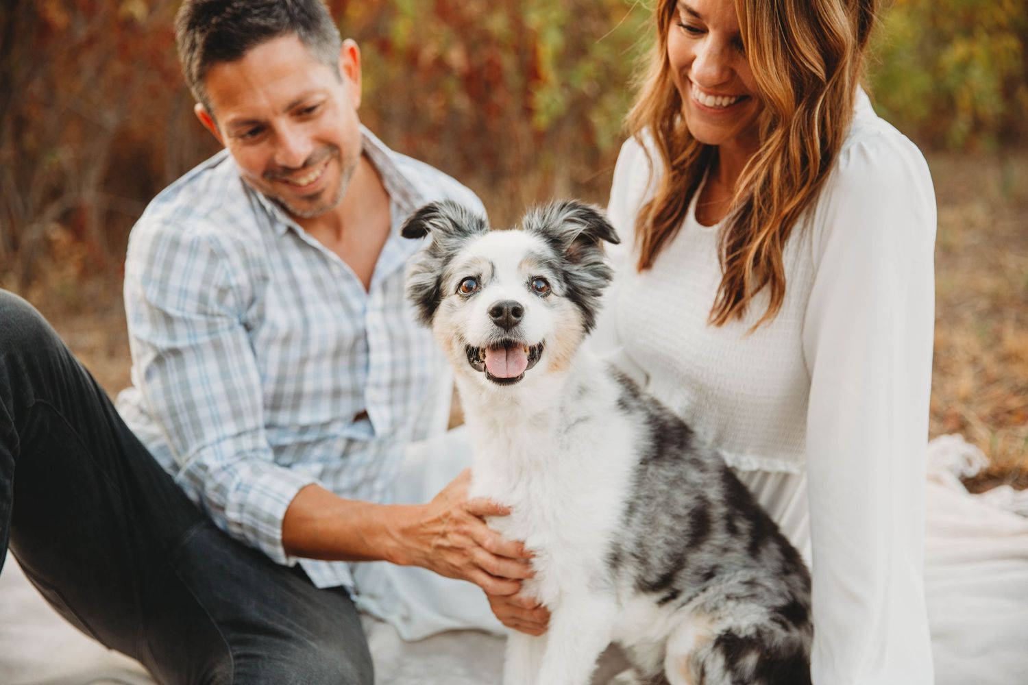 Happy couple playing with their adorable black and white dog outdoors.