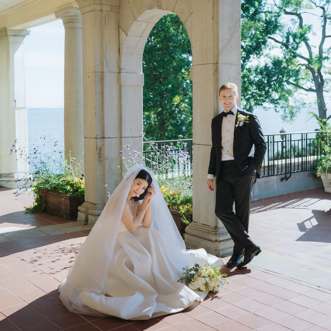 Classic black and white wedding photos showing romantic moments between couple.
