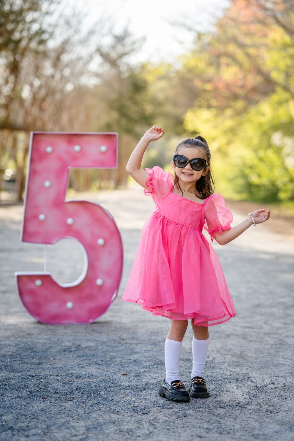 A birthday photo featuring a pink number 5 sign and a child in a matching pink dress.