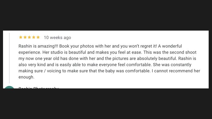 A five-star customer review praising photography services and professional experience.