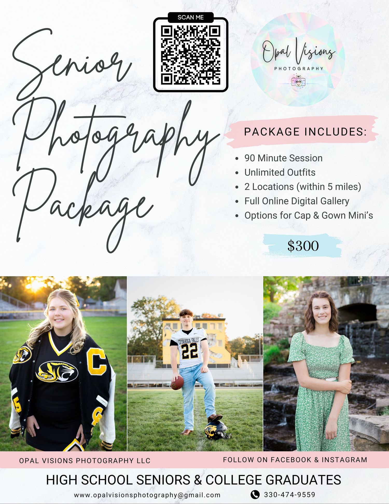 Senior photography package advertisement showing pricing details and three senior portrait examples in outdoor settings.